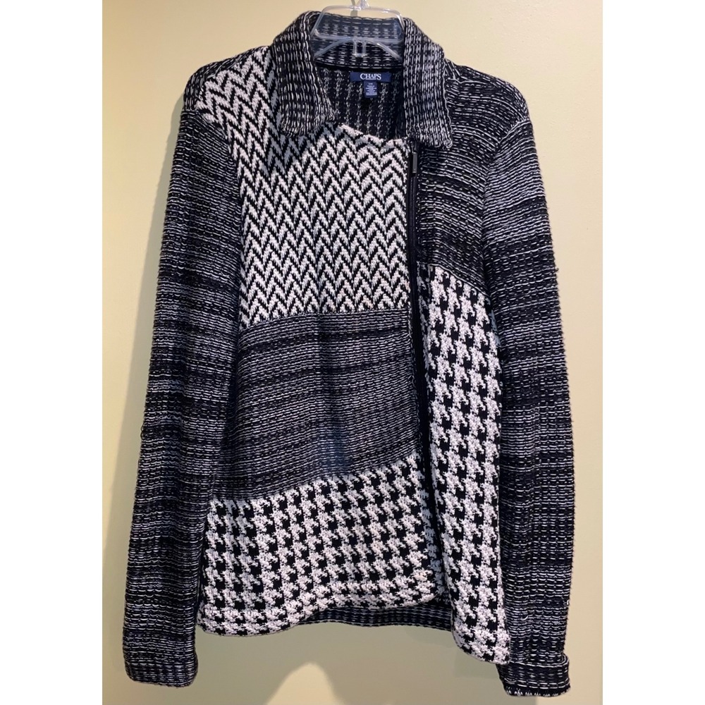 Chaps Womens Black White Mixed Pattern Knit Moto Cardigan Jacket Large Full Zip